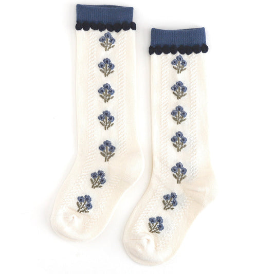 girls ivory knee socks with fall blue floral bouquet design and matching blue and navy trim