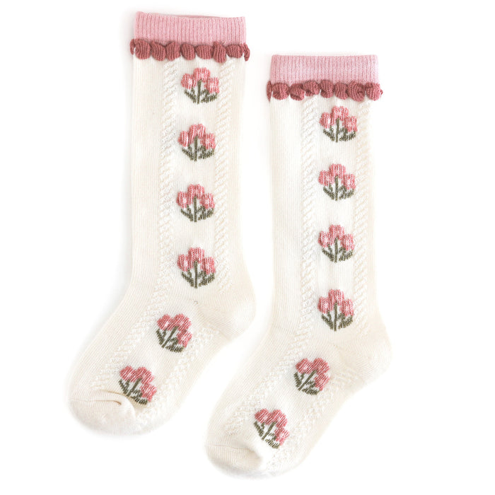 girls cream knee socks with rosey fall pink floral design and matching trim