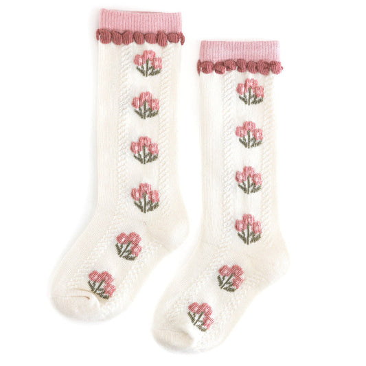 girls cream knee socks with rosey fall pink floral design and matching trim
