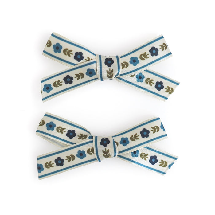 girls blue and olive floral print ribbon pigtail bows on alligator clips