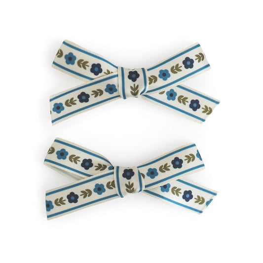 girls blue and olive floral print ribbon pigtail bows on alligator clips