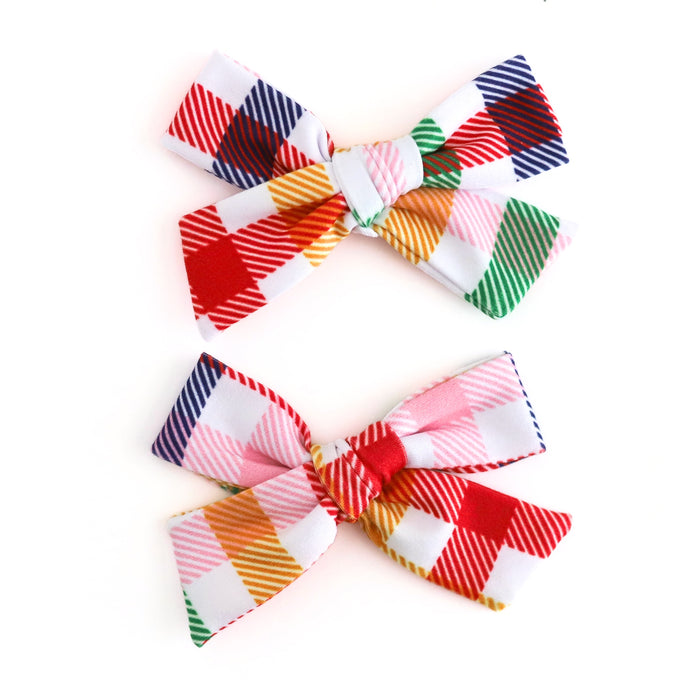 girls' gingham print pigtail bows to match primary colors in back to school collection