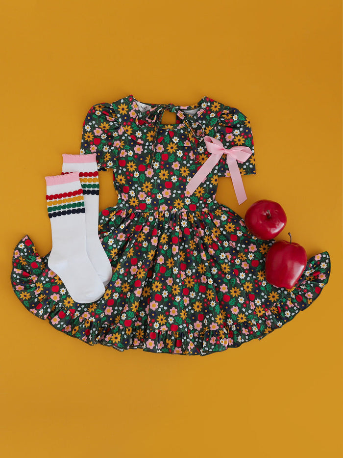 girls back to school floral dress with rainbow stripe knee high socks