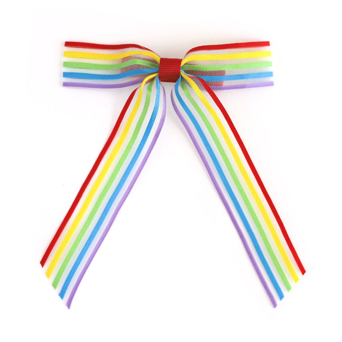 girls sheer bow on clip with rainbow stripes for pride and summer