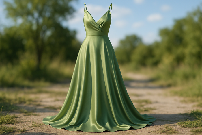 a lovely dress with  Rayon Satin- Alfalfa Green sage in out door day light background