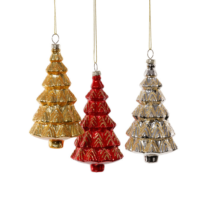 Glass Trees - 3 Assorted Pieces - Red, Silver & Gold