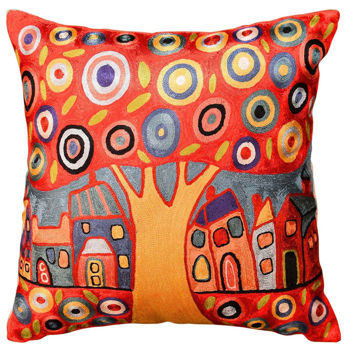 Red Tree Karla Gerard Decorative Pillow Cover Handembroidered Art Silk 18"x18" - KashmirDesigns