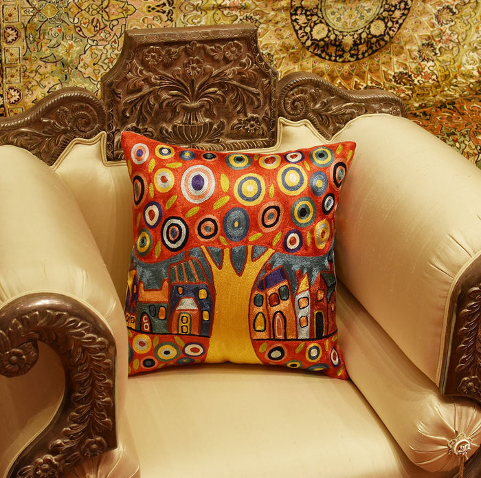 Red Tree Karla Gerard Decorative Pillow Cover Handembroidered Art Silk 18"x18" - KashmirDesigns