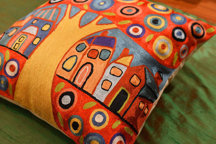Red Tree Karla Gerard Decorative Pillow Cover Handembroidered Art Silk 18"x18" - KashmirDesigns