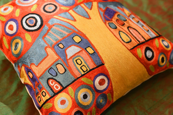 Red Tree Karla Gerard Decorative Pillow Cover Handembroidered Art Silk 18"x18" - KashmirDesigns