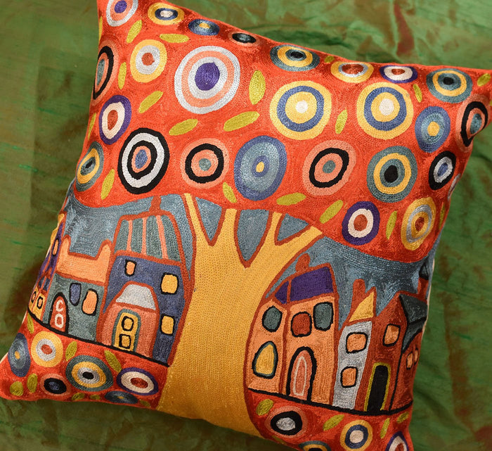Red Tree Karla Gerard Decorative Pillow Cover Handembroidered Art Silk 18"x18" - KashmirDesigns