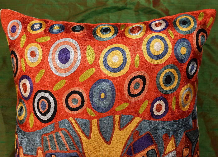 Red Tree Karla Gerard Decorative Pillow Cover Handembroidered Art Silk 18"x18" - KashmirDesigns
