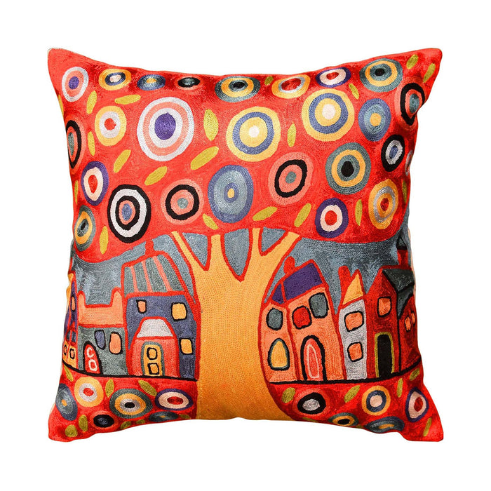 Red Tree Karla Gerard Decorative Pillow Cover Handembroidered Art Silk 18"x18" - KashmirDesigns