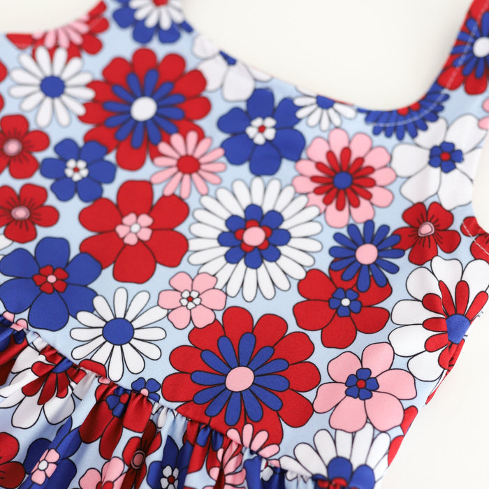 closeup of red, white and blue floral tank dress for fourth of july