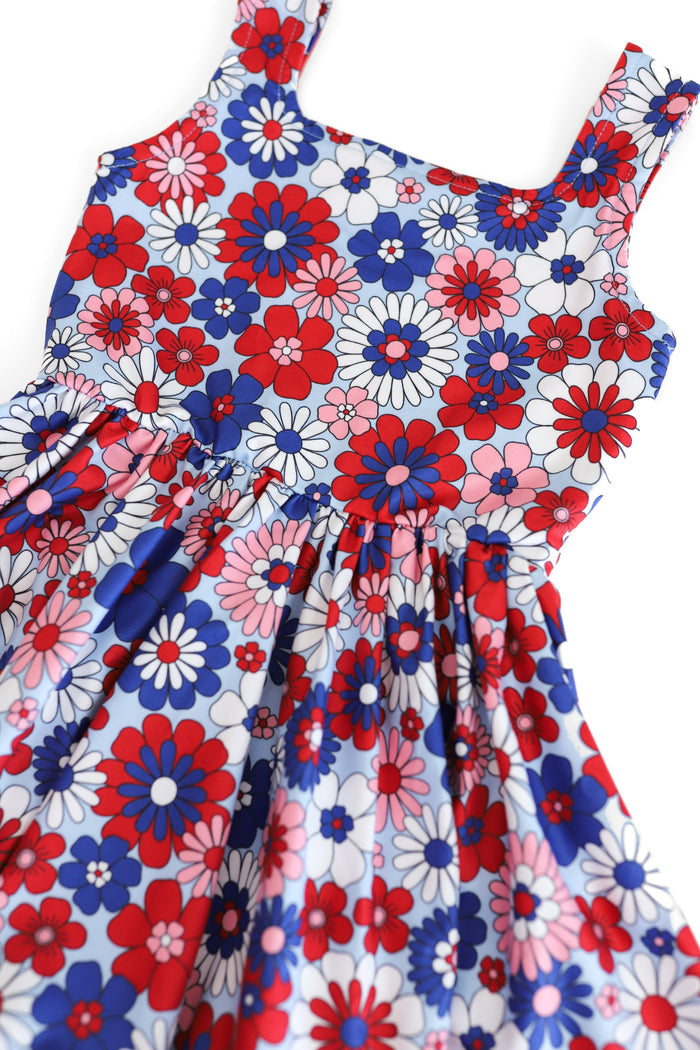 detail pic of girls sleeveless floral 4th of july summer twirl dress