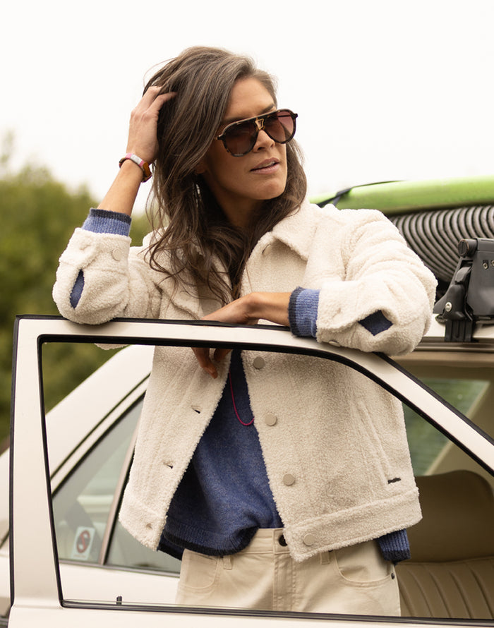 Rhea Boucle Trucker Birch boucle fleece jacket with button front, chest pockets, classic fit and sateen-lined interior