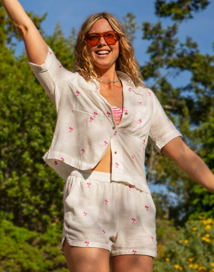 Rhett Linen Short: Palm Embroidered - FINAL SALE