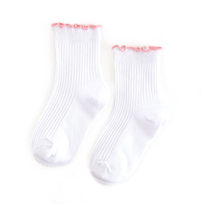 girls white ribbed ankle socks with pastel pink lettuce trim