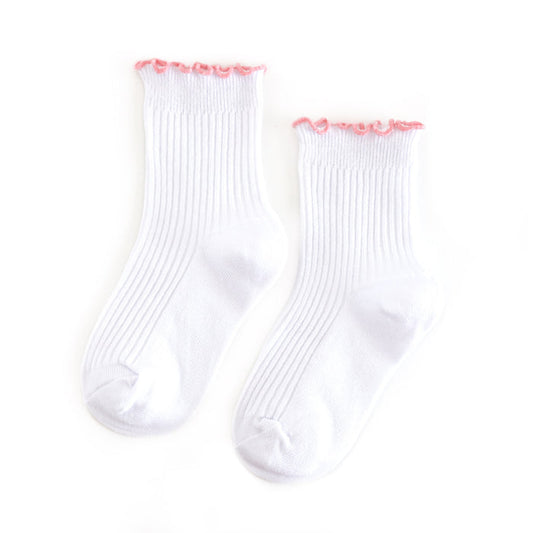 girls white ribbed ankle socks with pastel pink lettuce trim