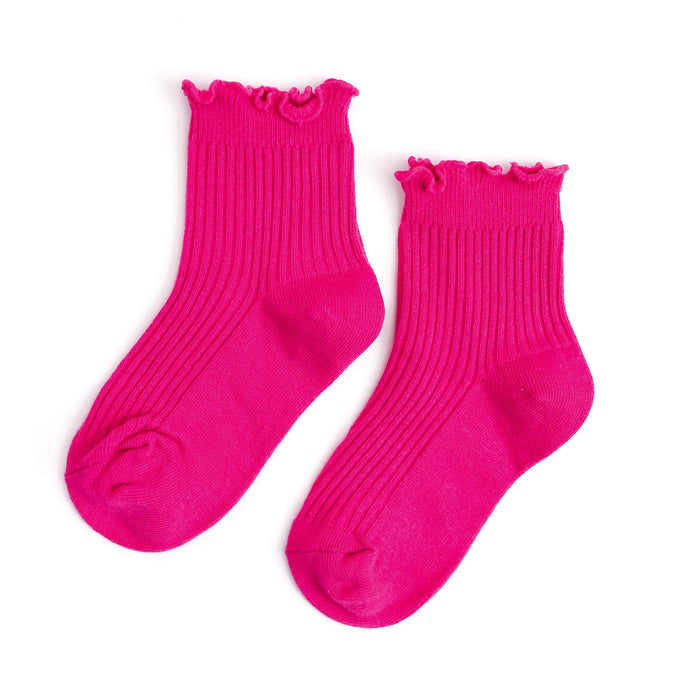 girls' bright pink ribbed midi socks with lettuce trim