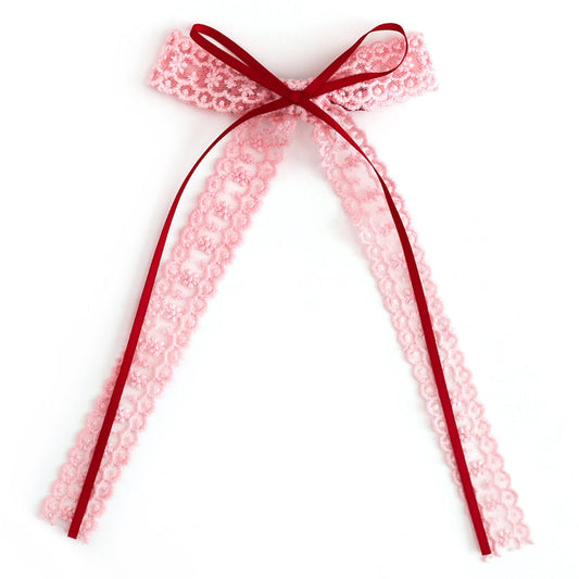 girl's pink lace with red ribbon bow on clip to match back to school collection