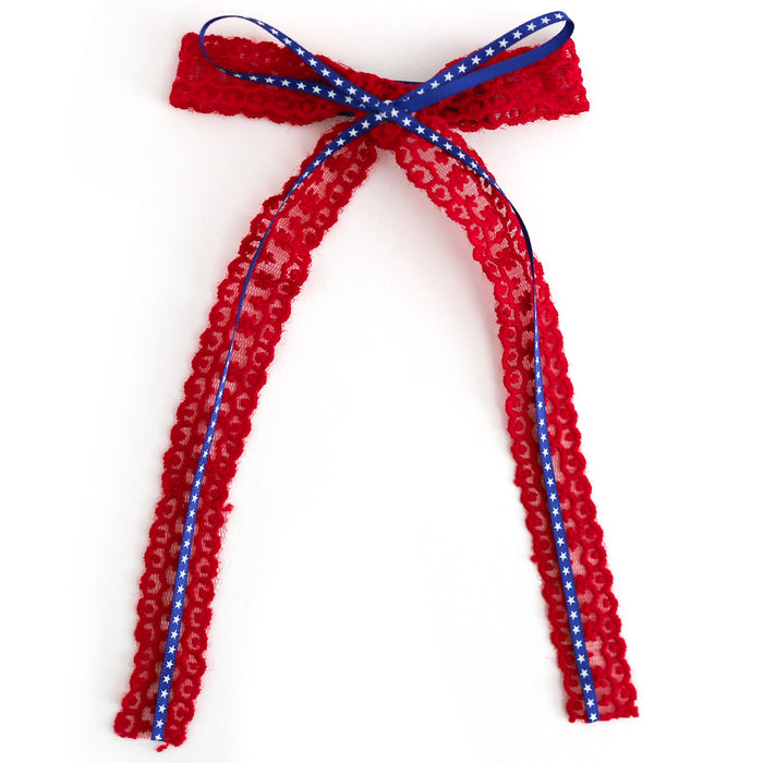 girls' long tail red lace ribbon hair bow and attached skinny blue ribbon with white stars for 4th of July