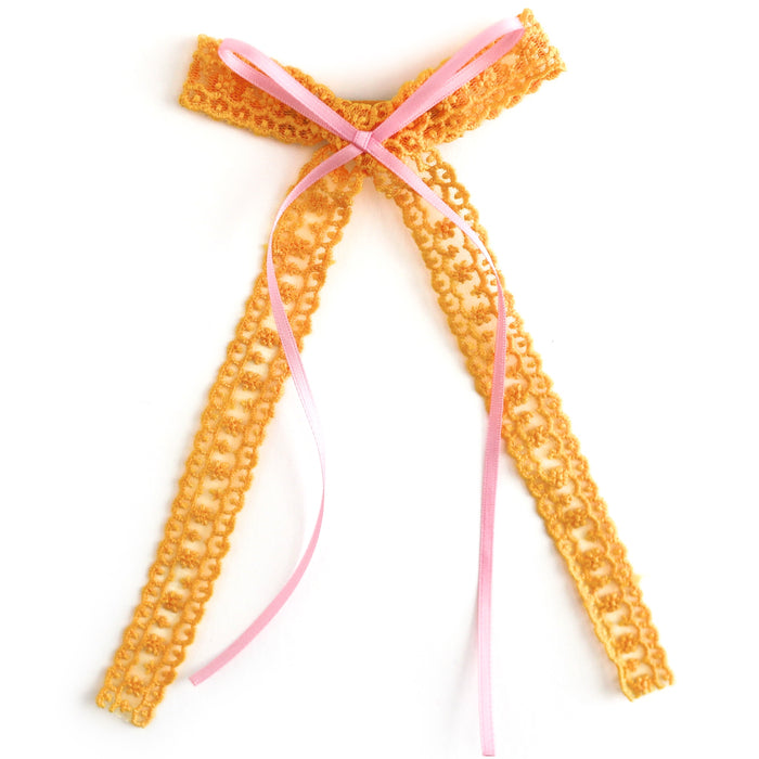 girls' marigold lace long tail hair bow with thin pink satin ribbon embellishment to match pencil themed outfits for back to school