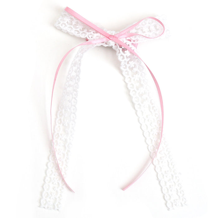 girls white lace long tail bow on clip with pastel pink ribbon overlay for spring and easter