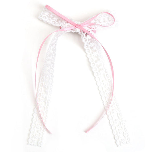 girls white lace long tail bow on clip with pastel pink ribbon overlay for spring and easter