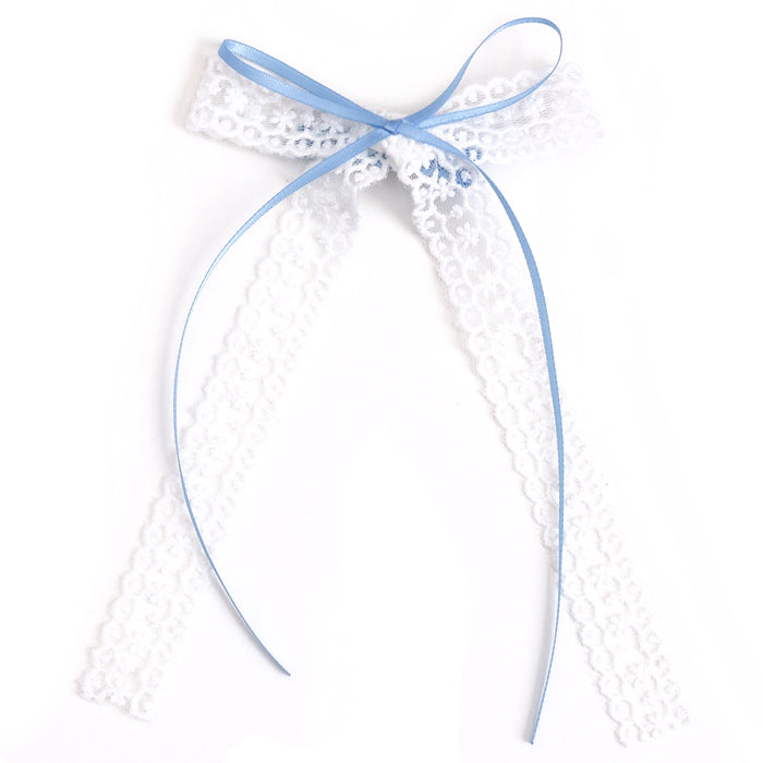 girls' white lace long tail bow with dainty blue ribbon detail on clip for easter and spring