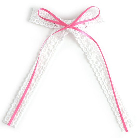white lace hair bow with layered pink ribbon