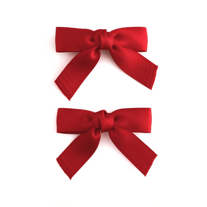 girls' bright red satin ribbon pigtail set of bows on alligator clips