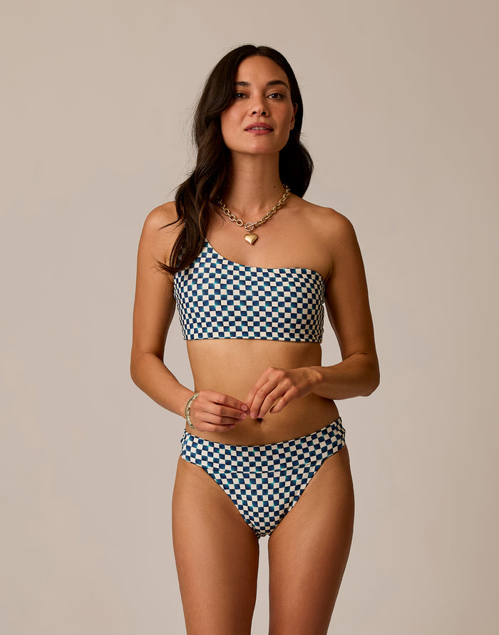 Ritz Compression Bottom Surfside blue multi plaid mid-rise bikini bottom with seamless construction and banded waistband