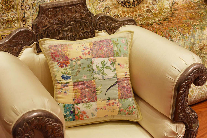 Romantic Patchwork II Floral Accent Cotton Pillow Cover Handprint Design 18"x18" - KashmirDesigns