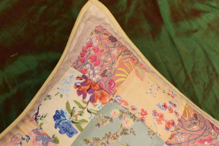 Romantic Patchwork II Floral Accent Cotton Pillow Cover Handprint Design 18"x18" - KashmirDesigns