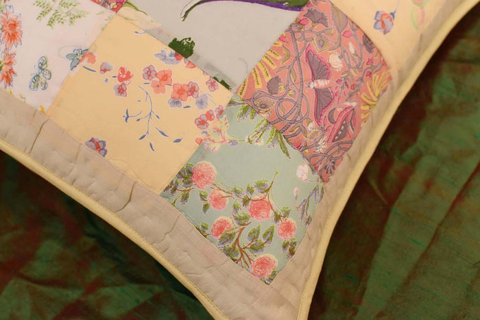 Romantic Patchwork II Floral Accent Cotton Pillow Cover Handprint Design 18"x18" - KashmirDesigns