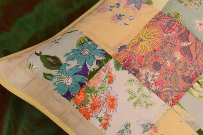 Romantic Patchwork II Floral Accent Cotton Pillow Cover Handprint Design 18"x18" - KashmirDesigns