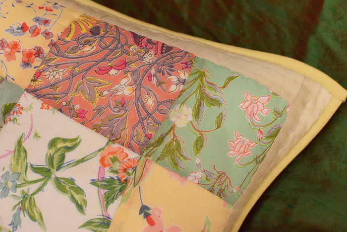 Romantic Patchwork II Floral Accent Cotton Pillow Cover Handprint Design 18"x18" - KashmirDesigns