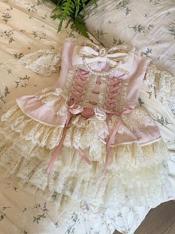Rose Sweet Tea Lace Marie Antoinette Style Short Dress Set