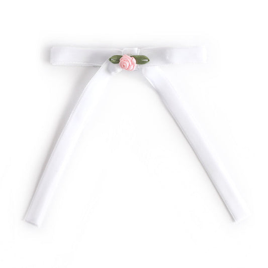 girls' white velvet ribbon hair bow with light pink rosette for Valentine's Day