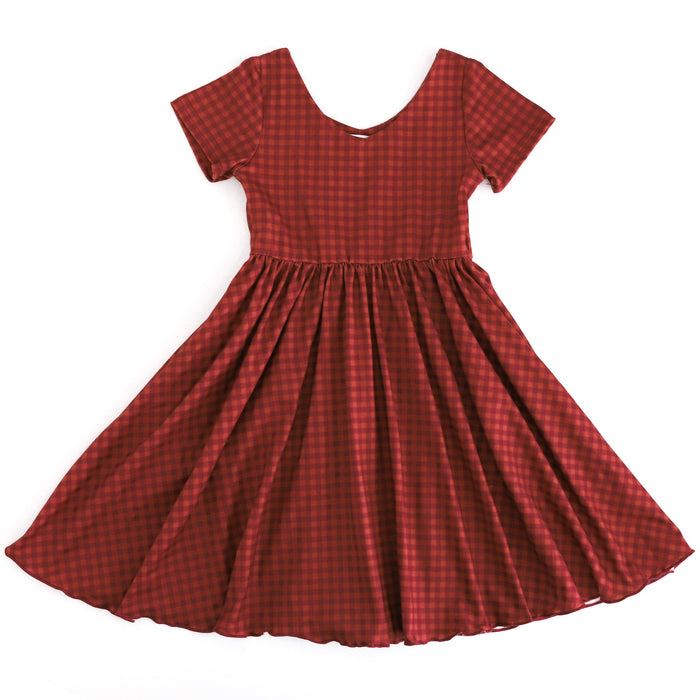 girls' v-neck two tone rust gingham twirl dress with short sleeves and lettuce hem
