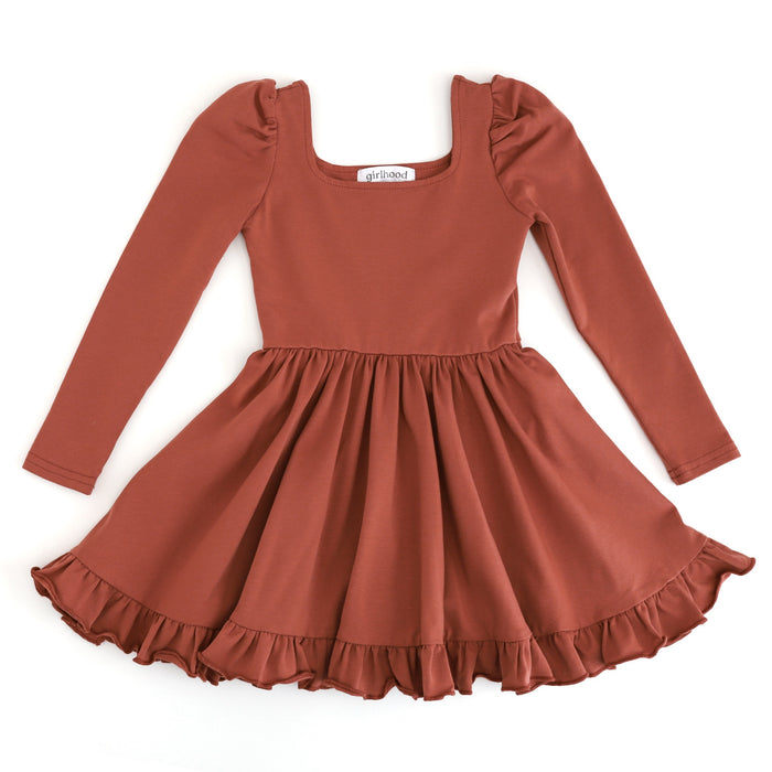 girls' long sleeve rust cotton blend twirl dress with square neckline and ruffled hem