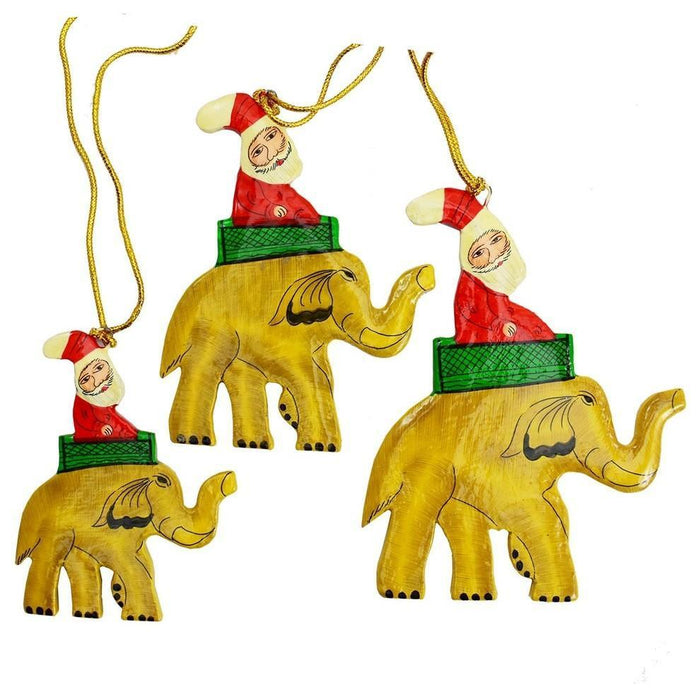Santa Elephant Christmas Holiday Ornaments Handpainted, Brown, 3 Piece Set - KashmirDesigns