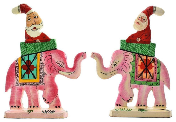 Santa Elephant Christmas II Holiday Ornament Handmade, Pink, Set of 2 - KashmirDesigns
