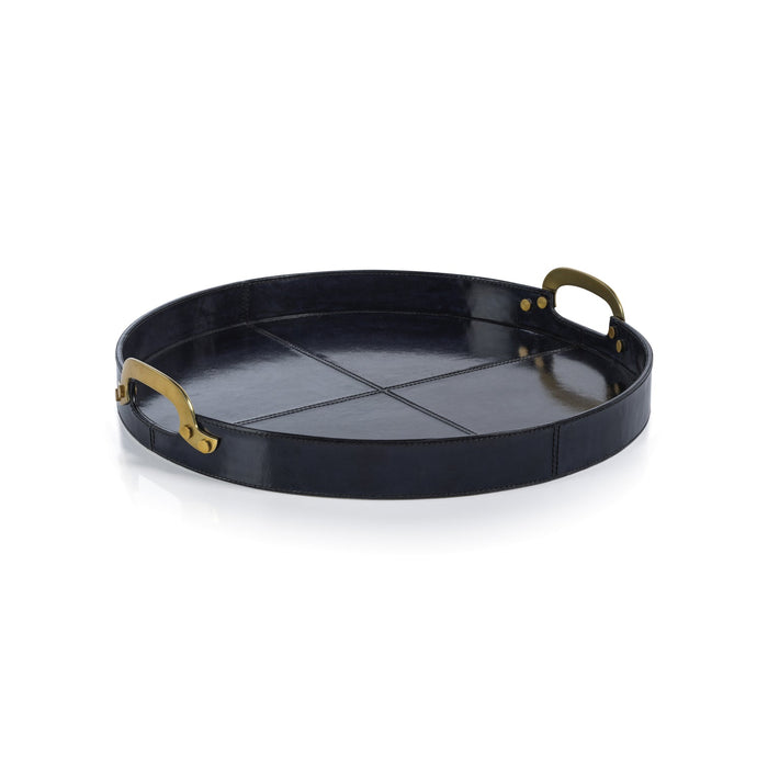 Savoy Leather w/ Brass Handles Round Tray - Blue and Gold - Tray by Carlyle Avenue