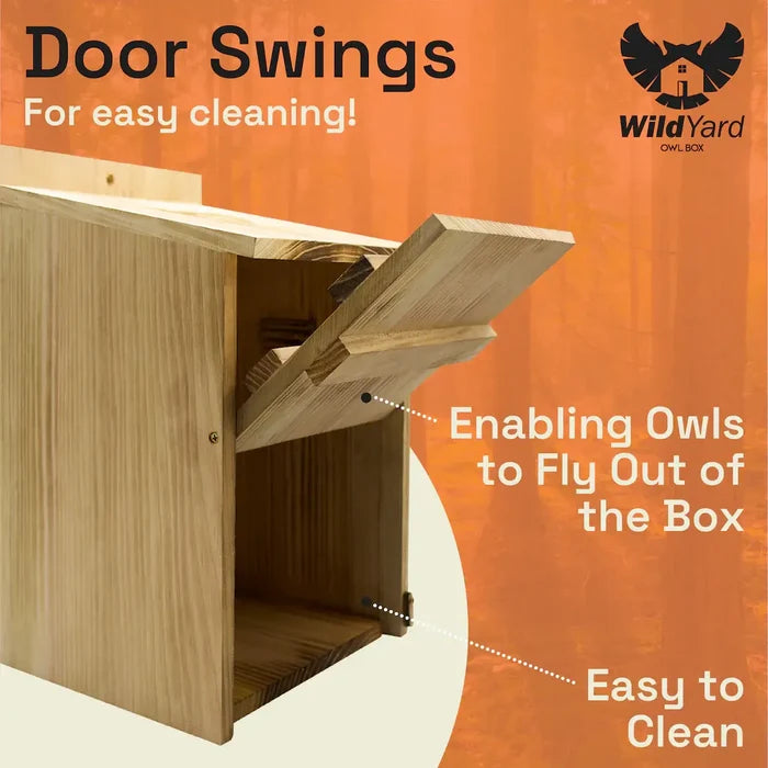 Owl Box (Includes Shipping) with swings for easy cleaning, designed for owls to safely enter and exit.