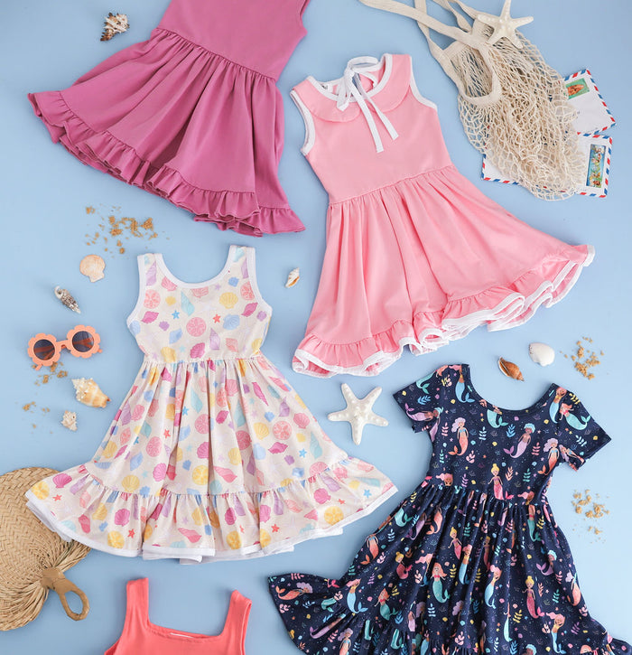 girls' beach themed twirl dresses with solid dress coordinates for summer vacation