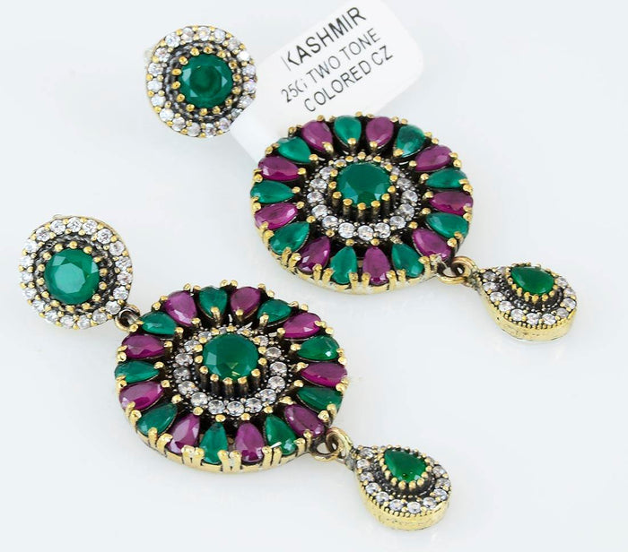 Silver Ruby Emerald 925 Sterling Earrings Ottoman Dome Dangle Drop - Kashmir Designs