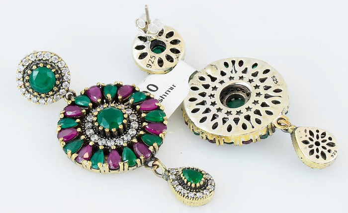 Silver Ruby Emerald 925 Sterling Earrings Ottoman Dome Dangle Drop - Kashmir Designs