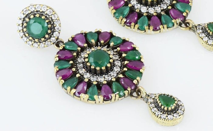 Silver Ruby Emerald 925 Sterling Earrings Ottoman Dome Dangle Drop - Kashmir Designs